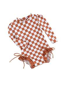 Girls Bikini Beach Swimwear Long Sleeve Checkerboard Print Ruffle Romper Bathing Suit - Brown - View 2