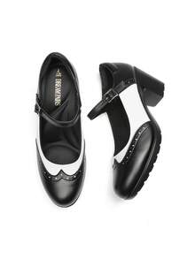 Women Round Toe Mary Jane Oxfords 2.8-Inch Chunky Heels Pumps Fashion Classic Elegant Dating Retro Style Oxfords Shoes - 黑與白 - 查看 10