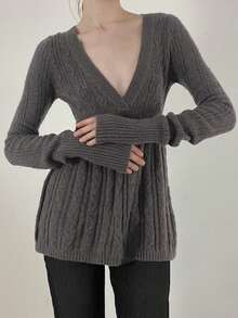 Women's Fall Sweater Long Sleeve V Neck Cable Knit Ruffle Babydoll Sweater Tops - Grey - View 2