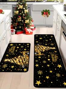 1pc 40x60cm / 50x80cm / 40x120cm Christmas Decorative Doormat, Black & Gold Christmas Tree Pattern With Golden Reindeer, Snowflake & Star Elements, Suitable For Christmas & Winter Home Decor, Entryway, Balcony, Holiday Decoration