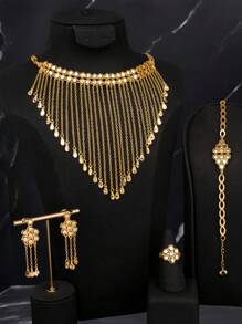 Set de 5 piezas de joyas de cobre en tono dorado, elegante para fiestas, bodas, festivales, banquetes y ocasiones sociales, con collar de cadena y collar de camisa con diseño de estrellas doradas de 18K+dorado champán todo alrededor y borlas en forma de V, adecuado como regalo para la madre, hermanas, como un conjunto de mejores deseos