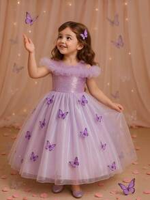 H HIBOBI Vestido maxi de princesa con decoración de mariposas moradas para niñas, inspirado en cuentos de hadas - Morado - Ver 2
