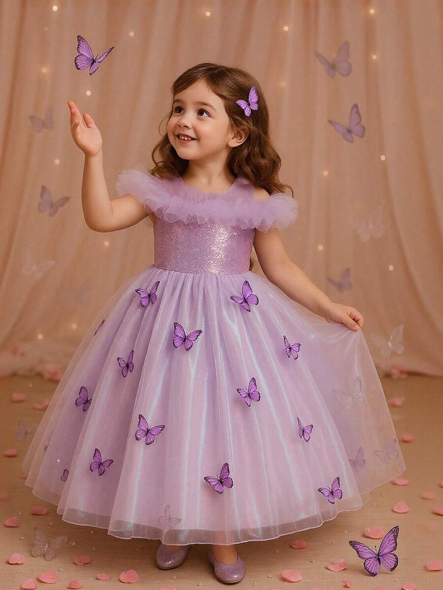H HIBOBI Vestido maxi de princesa con decoración de mariposas moradas para niñas, inspirado en cuentos de hadas