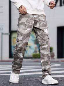 1pc American Casual Brand Camouflage Men's Multi-Pocket Skinny Jeans, Comfortable Washed Denim Pants (No Belt Or Accessories) - Beige - View 2