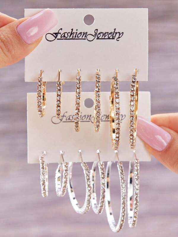 12pcs Fashionable Minimalist Full Rhinestone Hoop Earrings Set, Suitable For Daily Wear