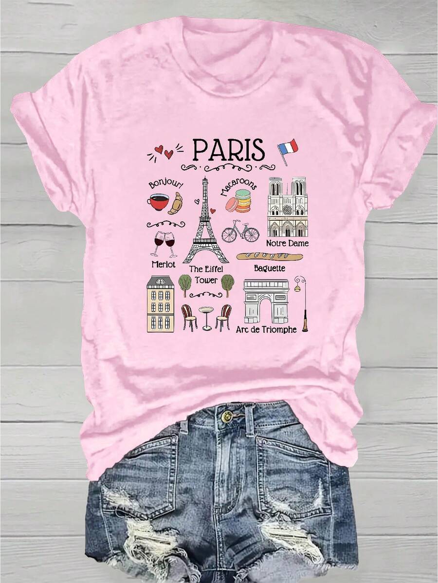PARIS Letter Print Crew Neck T-Shirt - Womens Graphic Print T-Shirt - Casual Short Sleeve Crew Neck Top - Lightweight & Breathable For Spring & Summer Wardrobe, 1 Piece, 200g Polyester - hồng - Xem 1