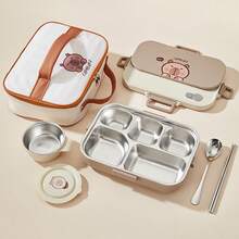 WORTHBUY 1 Stück 1500ml 4/5 Fächer 304 Edelstahl Lunchbox mit niedlichem Capybara Muster, tragbare Bento Box mit großer Kapazität inklusive Besteck & Suppenschale, thermisch isolierter Lunchbehälter, auslaufsicher für Obstsalat und Lebensmittellagerung, spülmaschinen- und mikrowellengeeignet, geeignet für Studenten und Erwachsene zuhause, in der Schule, im Büro, beim Camping, Picknick, Reisen, Schulanfang