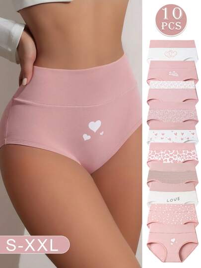 10pcs/Pack High Waist Pink Heart Print Women's Plus Size Briefs, Comfortable Shorts