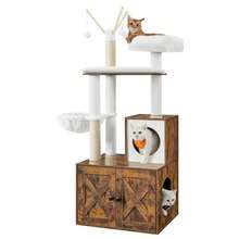 Feandrea WoodyWonders Cat Tree With Litter Box Enclosure, 2-In-1 Modern Cat Tower, Cat Condo With Scratching Posts, Removable Pompom Sticks, Washable Cushions, Rustic Brown - 棕色 - 查看 9