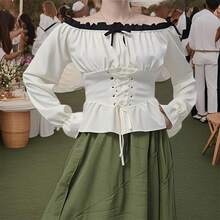 Women's Renaissance Costumes Medieval Style Front Strap Long Sleeve Off The Shoulder Pirate Tops - White - View 4