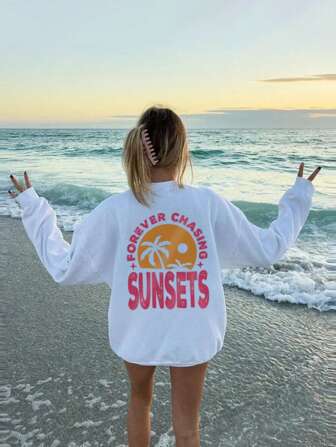 女式秋冬椰子树图案长袖圆领运动衫，休闲宽松百搭假日风格上衣，时尚秋季女装，适合日常穿着