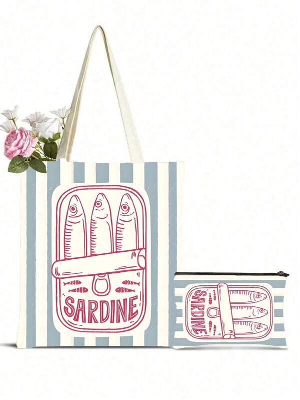 1PC Women'S Reusable Tote Bag, Handbag And Cosmetic Bag Set - Colorful Minimalist Pink And Green Striped Sardines Can Print Polyester Shopping Bag, Fixed Shoulder Strap Design, Suitable For Beach, Picnic, Grocery And Food Storage