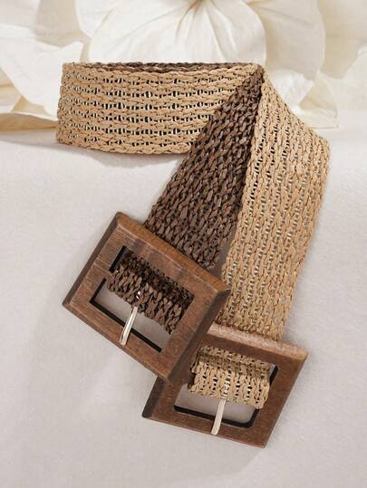 1pc Women Boho Woven Fashion Belt With Wood Square Buckle For Dresses
