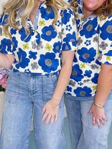 1Pcs Women's Beautiful Floral Ruffle Sleeve Top, V-Neck, Ruffle Cuffs, Front Button Detail, Casual Top, Machine Washable, Autumn Women's Clothing - Màu xanh lam - Xem 2