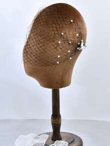 复古优雅仿珍珠鸟笼新娘头纱，女士发饰头纱，适合派对、宴会、婚礼及情人节配饰 - 黑色 - 查看 4