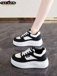 1. scarpi sportivi alla moda con lacci, scarpe sportive leggere e confortevoli da donna, design di colore a blocchi alla moda, scarpe in pelle bianche da donna per tutte le stagioni con cuciture, scarpe comode con suola spessa e infilabili, scarpe sportive da donna - Bianco e nero - Visualizzare 7