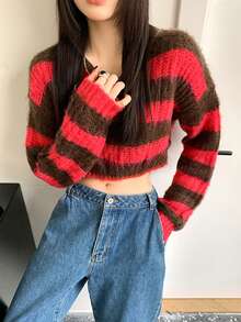 Women's Striped Knit Sweater, Long Sleeve Loose Cropped Top, Autumn/Winter