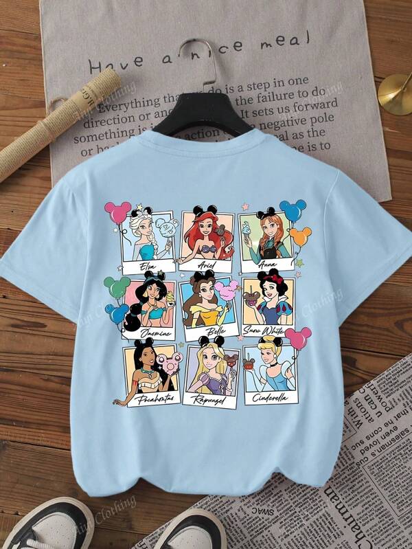 Disney Disney Women's Summer Clothes Fantasy Disney Princess Cartoon Character Pattern Printing Casual Simple Daily Round Neck Short-Sleeved T-Shirt Travel Wear Summer Women's Tops Disney Joint Model