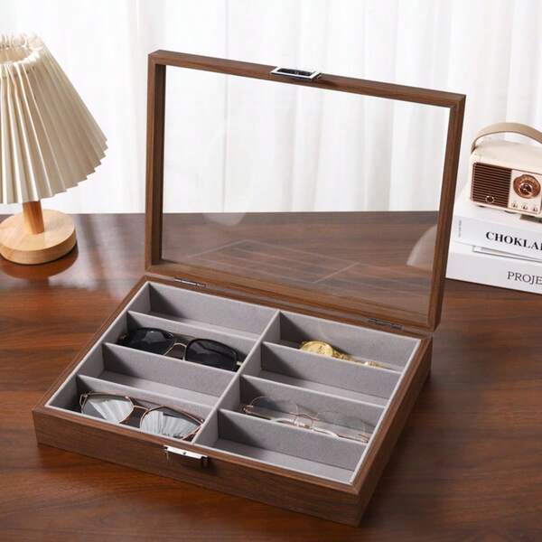 Walnut Wood Eight-Compartment Glasses Box, High-Grade Grey, PU Material, Metal Buckle, Suitable For Counter Display, Home Storage, Glasses Storage.