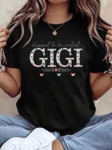 Women's "Gigi" Lettering Print T-Shirt - Crew Neck, Short Sleeve Casual Top, A Spring/Summer Must-Have | Stylish Casual T-Shirt (220g) - 黑色 - 查看 1