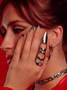 1/3pcs Fashionable Long Rings, Punk Armor Knuckle Rings With Inlaid Pearl Sharp Claw Finger Jewelry - Multicolor - View 9