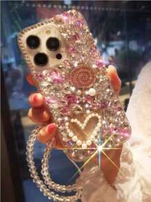 Luxury Fashion Rhinestone Pink Metal Glitter & Faux Pearl Heart Shockproof Phone Case Compatible With IPhone 16 Pro Max, 15 Plus, Galaxy S Series