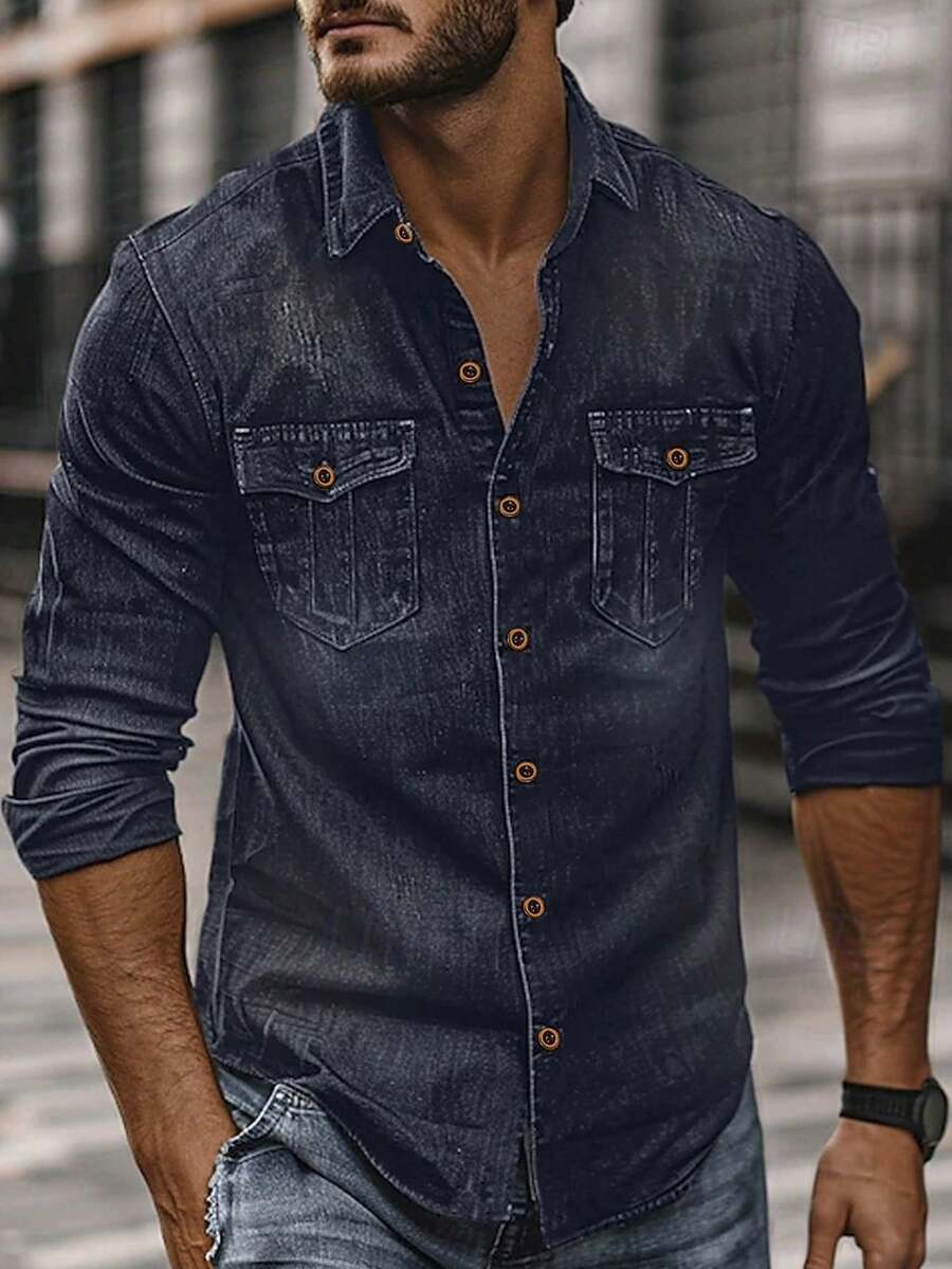 Áo sơ mi nam tay dài cổ cài nút, hai túi đơn giản, thường ngày - Màu xanh hải quân - Xem 1