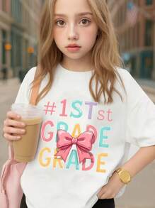 Young Girls & Boys First Grade Theme Cotton Graphic Tees, Back To School Clothes Girls, Black Summer Shirts With Colorful Typography, Gift For First Day Of School, Round Neck Short Sleeve T-Shirt,  Fashion Style Girls/Boys School Clothes 3Y-13Y - 白色 - 查看 2