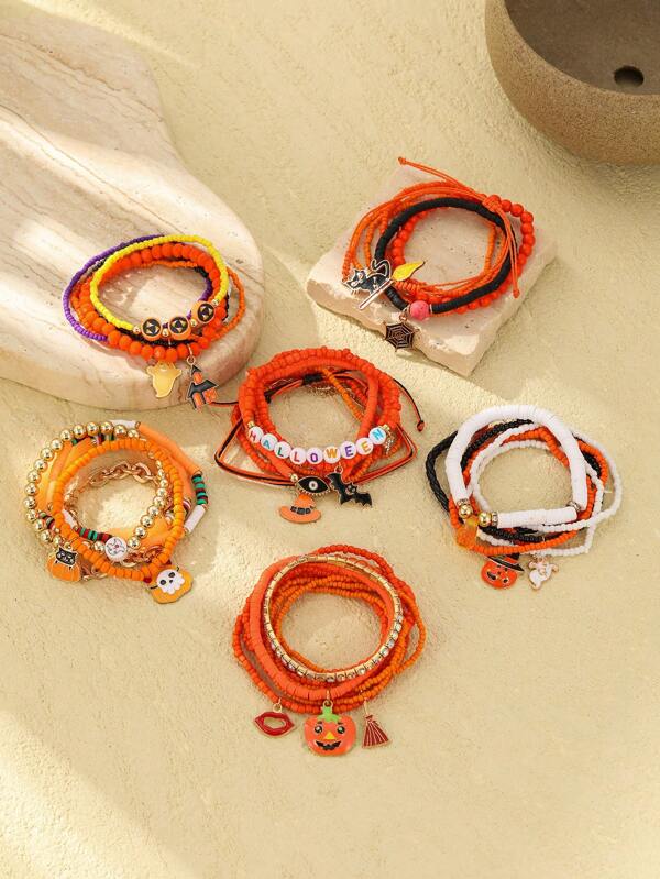 5 pièces Ensemble de bracelets de perles pour femmes avec citrouille et fantôme d'Halloween