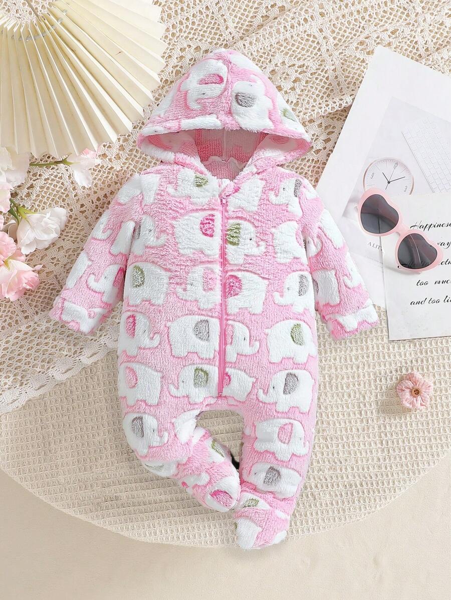 女婴可爱卡通连帽长袖连体衣，适合秋冬季日常外出穿着 - 彩色 - 查看 1