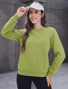 MAGCOMSEN Sudadera Térmica con Forro de Sherpa para Mujer, con Cuello Redondo, Forro Polar, Cálida Y Gruesa - Verde Oliva - Ver 5