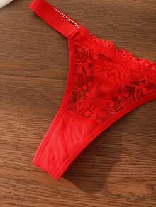 7pcs Women Lace Floral Rhinestone Decorated Sexy Lingerie Set, Thong Panties With Rhinestone Letter Decor