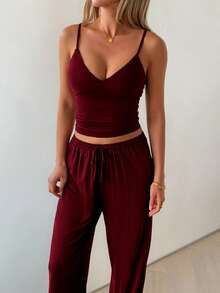 GAOVOT 2pcs Women's Sexy Casual Deep V Backless Camisole And Loose Straight Leg Pants Set, Autumn Summer Elegant - Burgundy - View 7