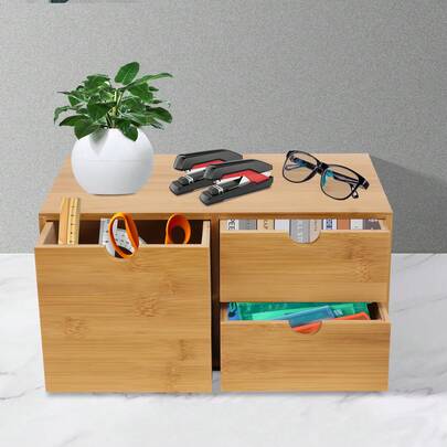 Organizador de escritorio de bambú - Mini cajón de bambú para escritorio, organizador de mesa para artículos de tocador de oficina y hogar, no requiere ensamblaje (3 cajones)