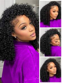 28 Inch Jerry Curly Half Wig Human Hair 200 Density 3 In 1 Seamless Flip Over Half Wigs Human Hair Glueless Wear And Go Beginner Friendly Kinky Curly Wig Human Hair Drawstring Headband Wig For Women - Natural Black - Xem 3
