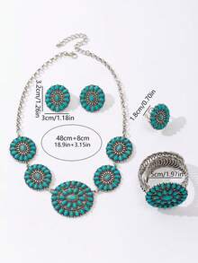 1 Set Stile Vintage Bohémien Donna Collana, Bracciale, Orecchini, Anello con Pendente a Goccia in Turchese Intagliato in Lega di Zinco. Adatto per abbinare gli outfit, uso quotidiano, vacanze e occasioni speciali - Turchese - Visualizzare 5