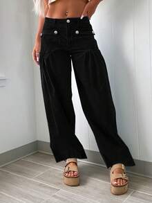 Fashion Personality Street Daily Commuter Design Sense Pleated Front Pockets Women's Denim Loose Fit Straight Leg Pants