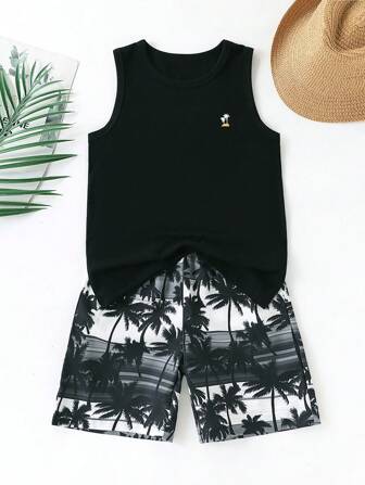 Set de 2 piezas: Camiseta sin mangas con estampado de árbol y shorts hawaianos de cintura elástica para niños