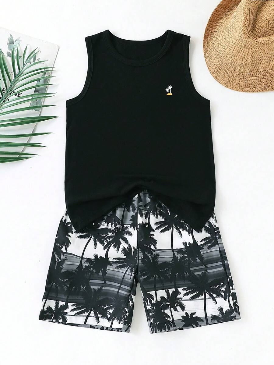 2pcs Set: Boys' Tree Pattern Sleeveless T-Shirt And Elastic Waist Hawaiian Shorts