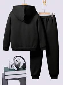 Tween Boy Cartoon Print Warm Hoodie And Sweatpants Set