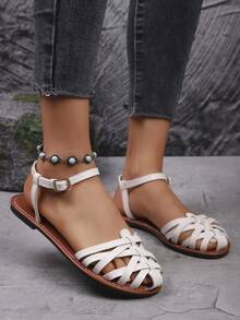 Giày sandal đế bệt tuyệt đẹp dành cho nữ, giày lười mũi kín mùa hè mới, giày ống thời trang & dép xăng đan La Mã kết hợp với váy - trắng - Xem 5