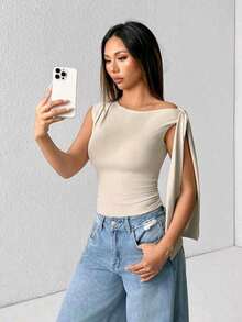 Elegant Suplex T-Shirt Top With Asymmetrical Shoulders And Straps, Ideal For Daily Use, Outings, Nightclubs, Parties, Halloween Costumes - 米色 - 查看 4