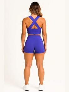 AKORIO MODAS Women's Fitness Fashion Top And Short Set Yoga Running A11 - 比克藍 - 查看 2