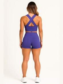 AKORIO MODAS Women's Fitness Fashion Top And Short Set Yoga Running A11 - 藍色 - 查看 2