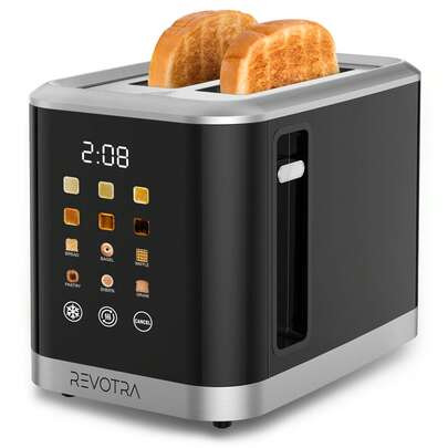 Revotra Tostadora de 2 rebanadas de acero inoxidable con pantalla LED, ranuras extra anchas, 6 niveles de tostado, descongelar, recalentar, cancelar, bandeja recogemigas extraíble - Tostadora compacta para bagels y waffles