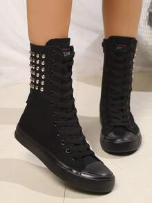 1 Pair Of Women's Short Boots, Suitable For Dances And School Daily Wear, With External Rivet Decoration And Internal Zipper, Lightweight And Comfortable Flat Boots - 黑色 - 查看 2