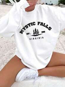 女士秋冬标语图案长袖圆领运动衫，休闲宽松百搭假日风格上衣，时尚秋季女装，适合日常穿着