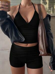 GAOVOT Women's Two Pieces Sexy Young Hot Sports Casual Running Exercise V-Neck Neck Top And Tight Shorts Suit - màu đen - Xem 7