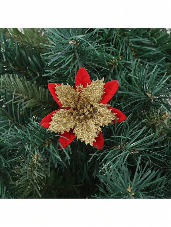 10pcs Christmas Glitter 5-Leaf Artificial Decorative Flowers With Clips, Holiday Decor, Gift Box Decoration, Suitable For Christmas Home Decor Christmas Decorations Room Decor