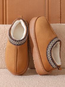 Winter Bestseller Lace Trim Slip-On Slippers For Women & Couples, Warm Snow Boots With Anti-Slip Thick Soles, Simple Retro Indoor/Outdoor Wear